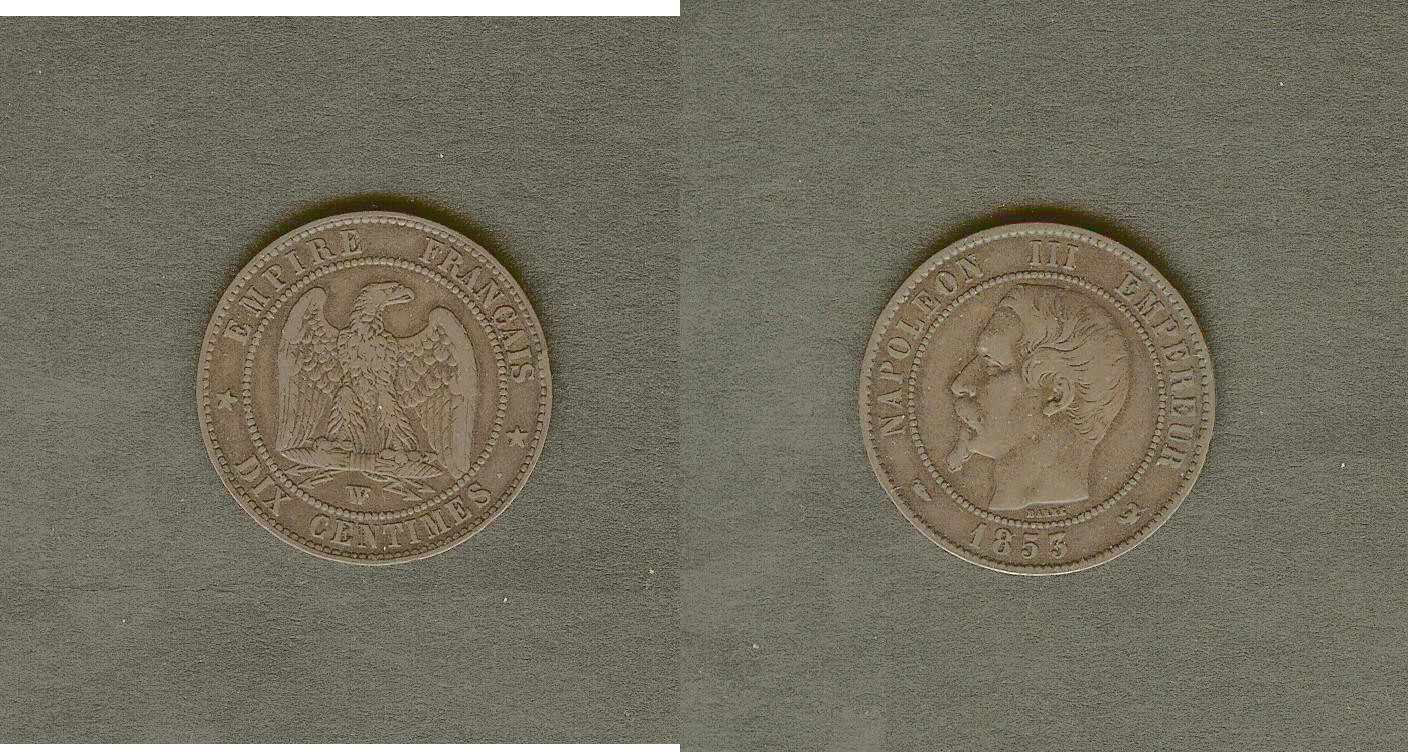 Dix centimes Napoléon III, tête nue 1853 Lille TTB- à TTB
